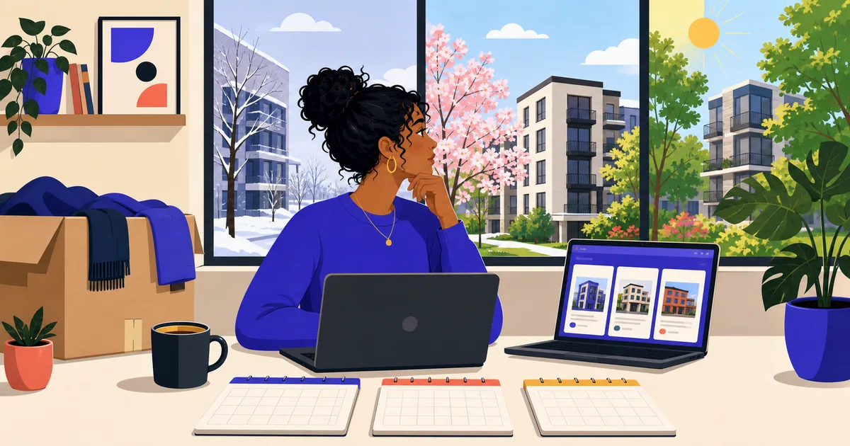 Renter comparing apartment searches across winter, spring, and summer
