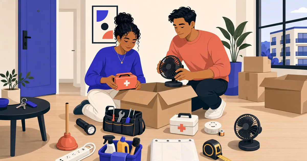Two renters unpacking practical first-apartment supplies