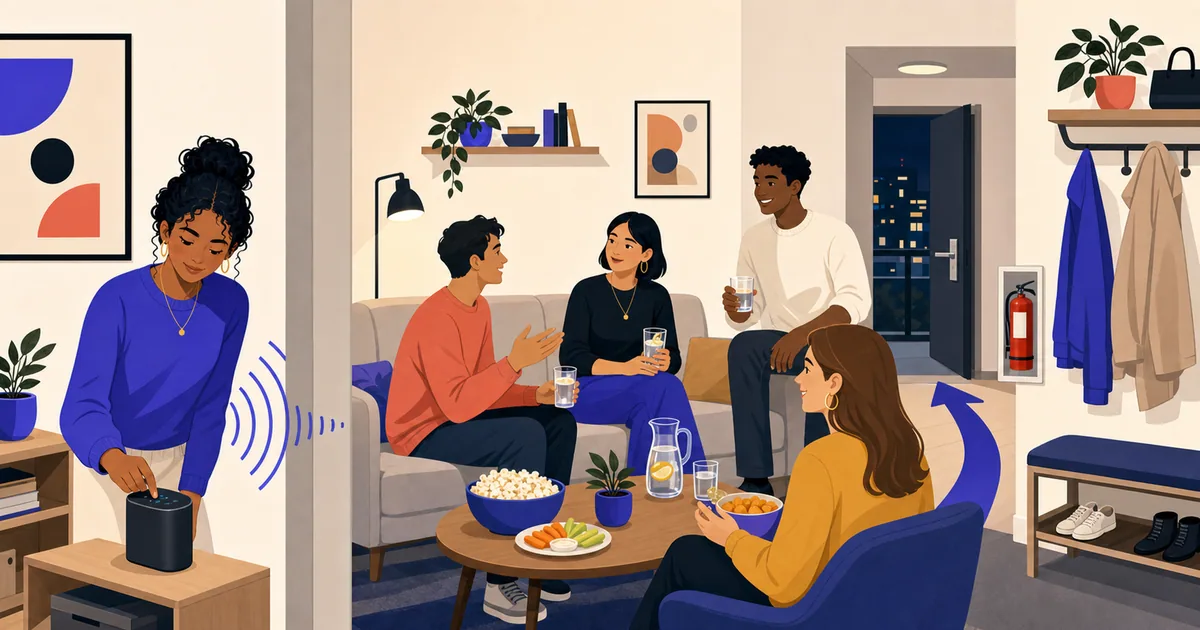 A considerate gathering in a small apartment with a clear exit and controlled speaker volume