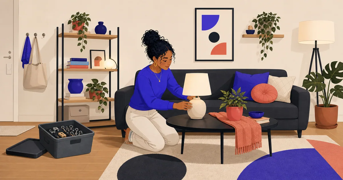 Renter decorating with lamps, textiles, plants, and freestanding storage