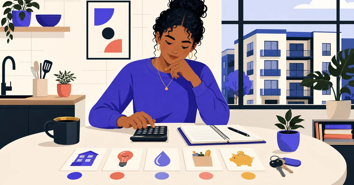 Renter comparing rent, utilities, savings, and everyday expenses at a kitchen table
