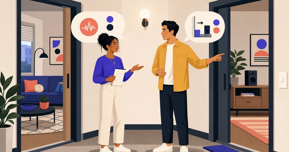 Two apartment neighbors calmly agreeing to move a speaker away from a shared wall